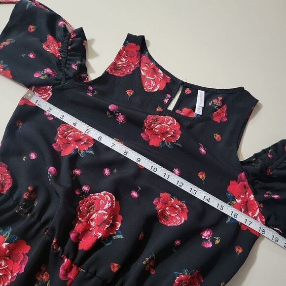 Xhilaration Women's Black Red Floral Cold Shoulder One Piece Ruffle Jumpsuit - Picture 5 of 16